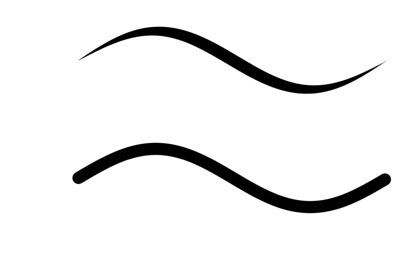Two strokes in Photoshop: the top one tapers from thin to thick to thin, the bottom one has the same width throughout