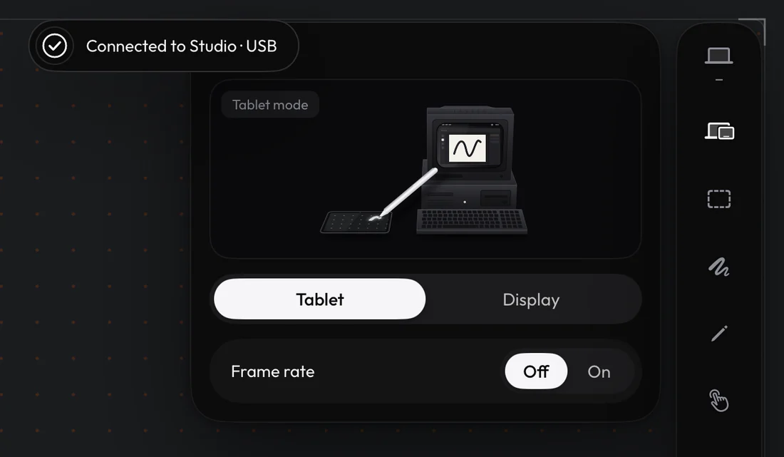 The Mode panel on iPad with the Tablet and Display switch