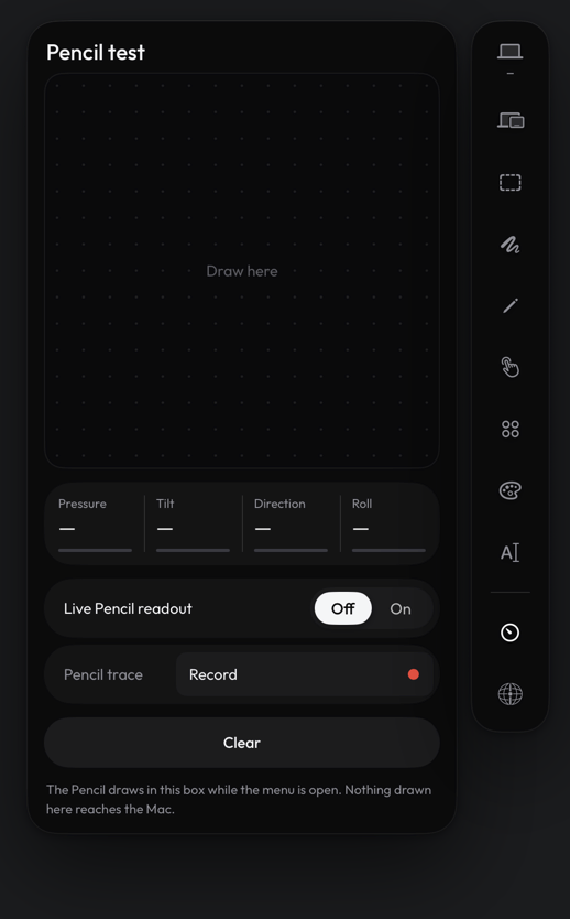 The Pencil test panel on iPad with Pressure, Tilt, Direction and Roll