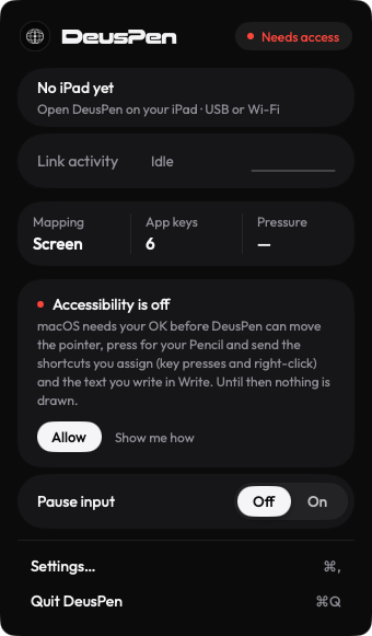 The companion's menu bar panel showing Needs access