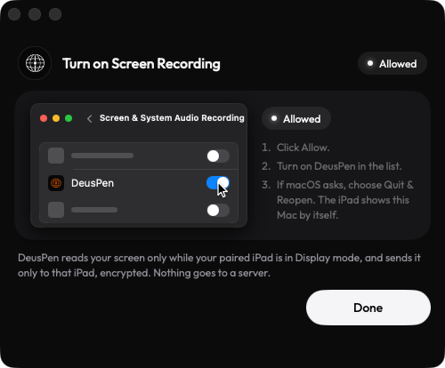 The companion's Turn on Screen Recording window on the Mac