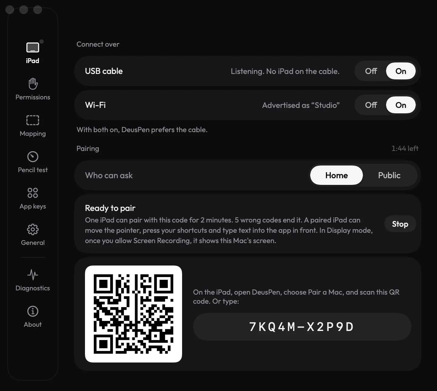 Deus XT Settings on the Mac, iPad page, ready to pair with a QR code and a code