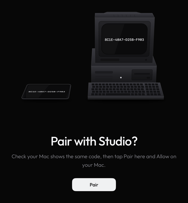 The iPad asks to pair with Studio and shows the same code as the Mac