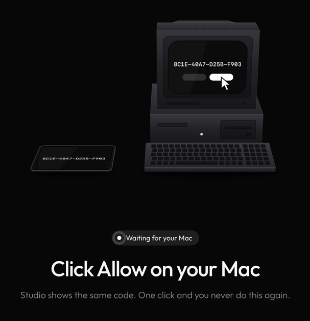 The iPad welcome waiting for Allow on the Mac, with the same code on both
