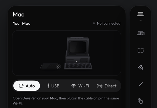 Route choices in the Mac panel: Auto, USB, Wi-Fi and Direct