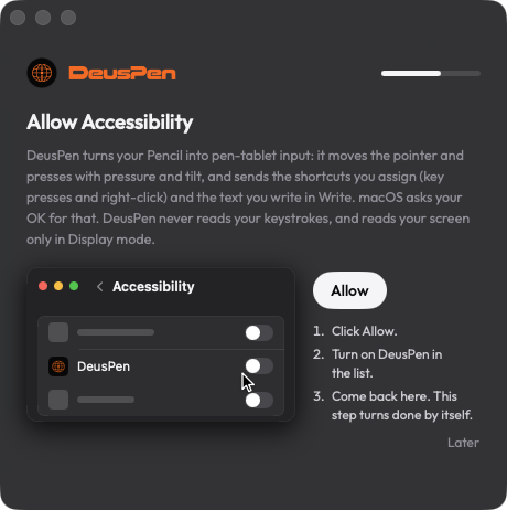The Deus XT welcome window on Mac, asking to allow Accessibility